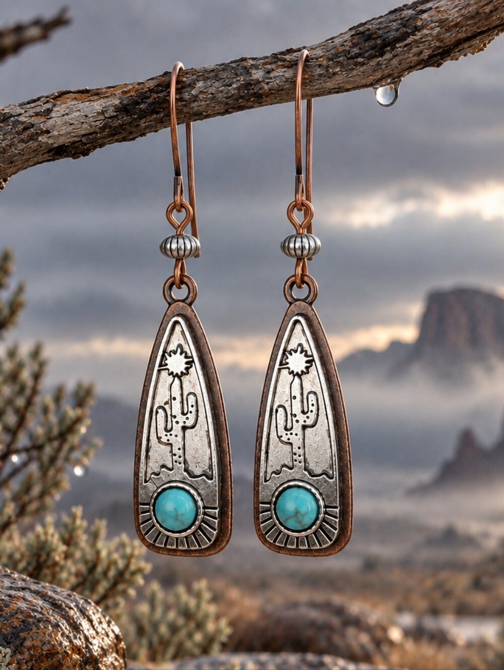 Turquoise Cactus Earrings Mixed Metal Copper Silver Hand Crafted